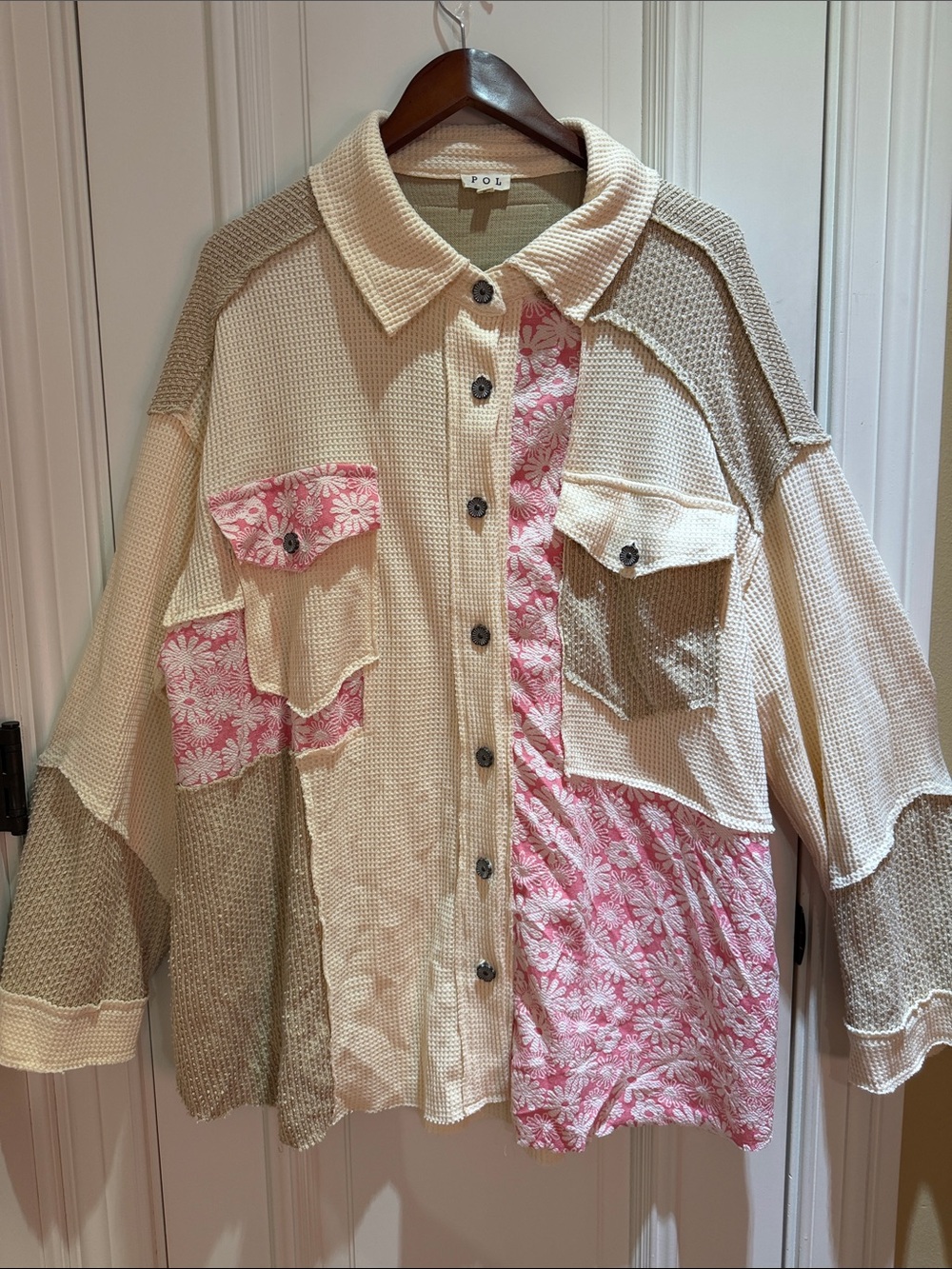 POL Boho Patchwork Thermal Waffle Knit Utility Shacket in Pink & Cream-NWOT-Sz L